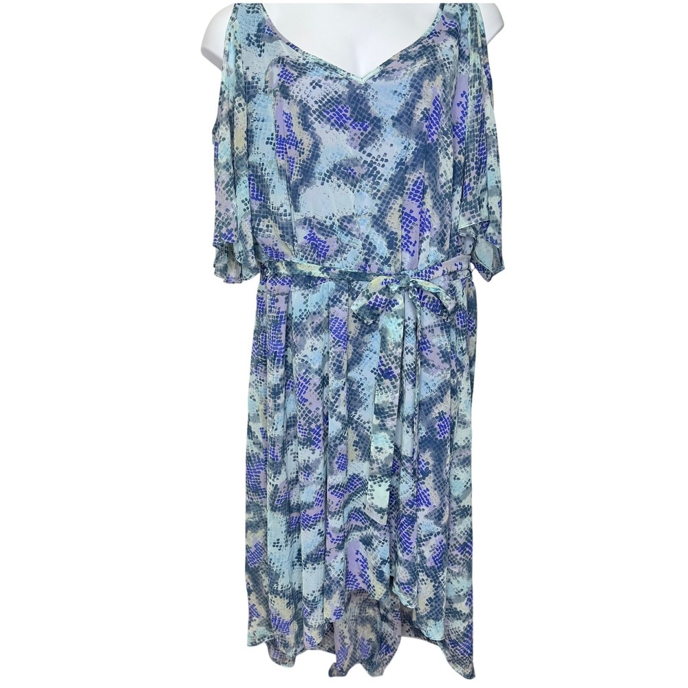 Women Cold Shoulder Dress 28 Blue Snakeskin‎ High Low Midi Belted Boho Flowy Y2K